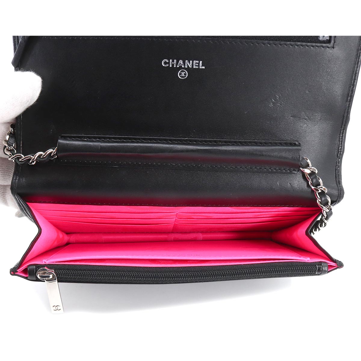 Chanel Cambon Line Chain Wallet Folio Long Wallet Leather Enamel Black Silver Metal Fittings
