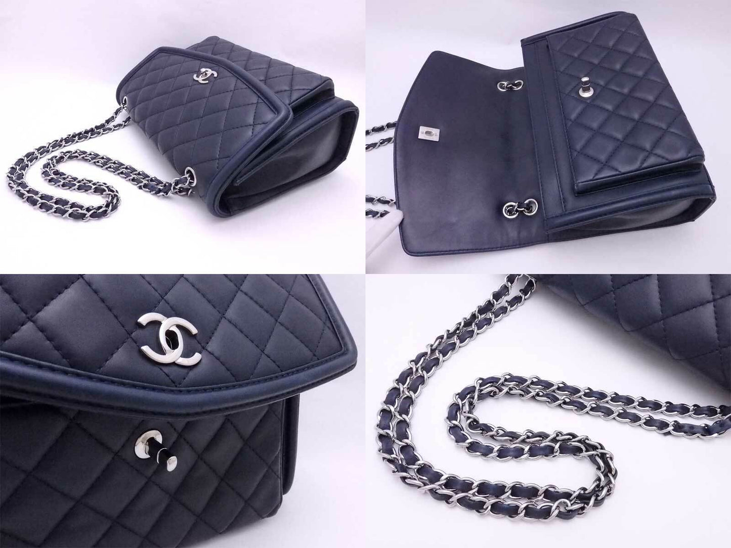 Auth Chanel Matelasse Chain Shoulder Bag Navy Leather/silvertone