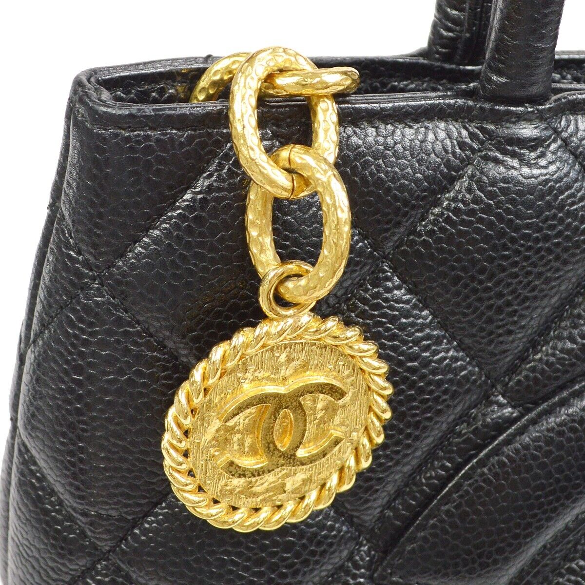 Chanel Medallion Quilted CC Hand Tote Bag Purse Black Caviar Skin