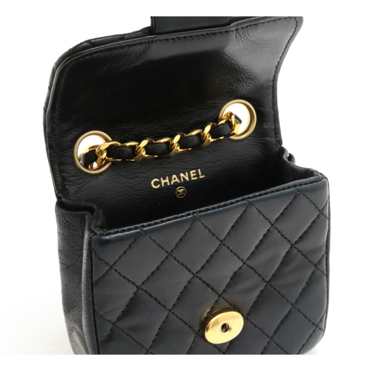 Chanel Mini Matelasse Coco Mark Chain Bag Charm Leather Black Gold