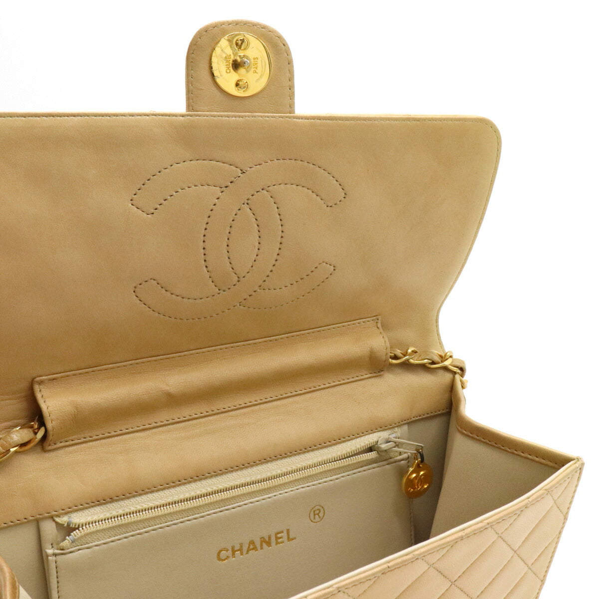 Chanel Matelasse Coco Mark Chain Semi-Shoulder Lambskin Beige Gold
