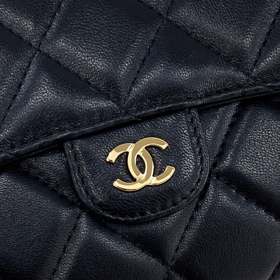 Chanel Long Wallet Classic Flap Matrasse Heremark Lambskin Black Gold Hardware