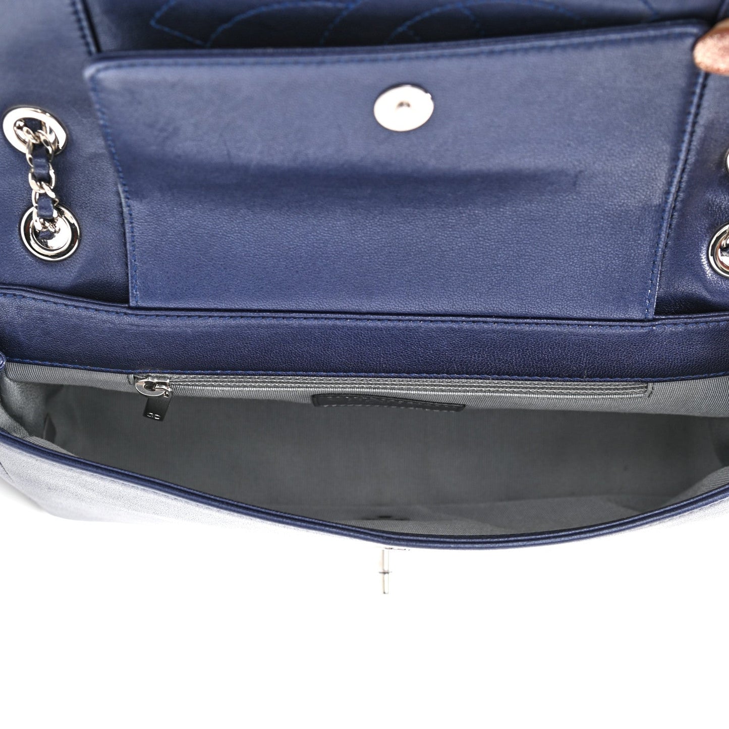 Chanel Metallic Sheepskin Chevron Quilted Medium   Mademoiselle Flap Navy