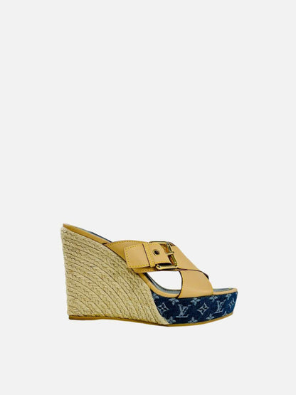 LOUIS VUITTON Beige & Blue Monogram Size EU 38.5 Wedges