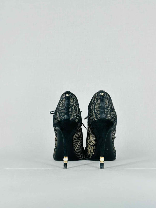 CHANEL Lace Up Black Mesh Size EU 40.5 Booties
