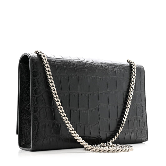 Saint Laurent Calfskin Crocodile Embossed Medium Classic Monogram Kate Tassel Satchel Black