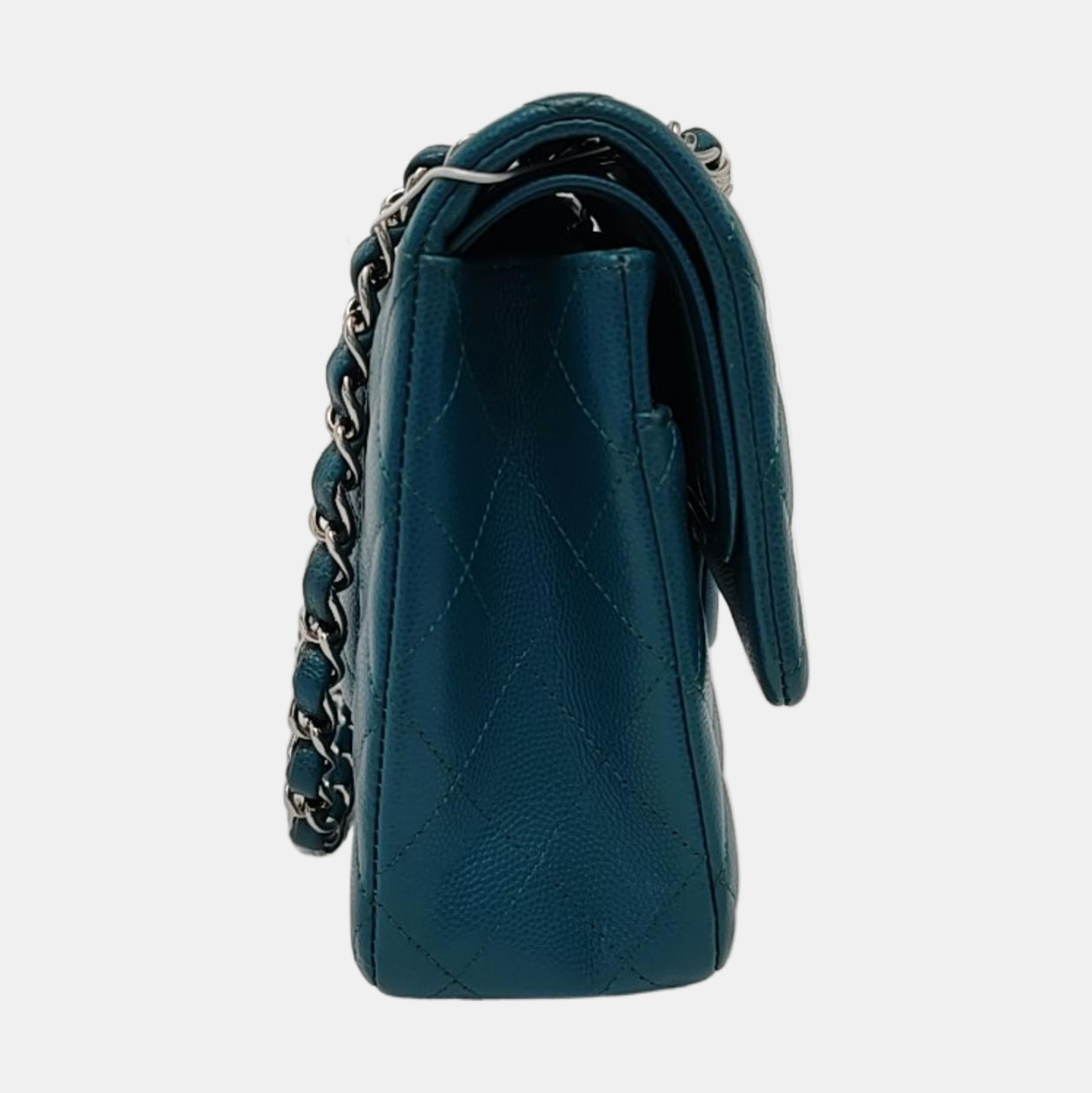 Chanel Classic Flap Medium Teal Green Caviar Leather with Silver Hardware