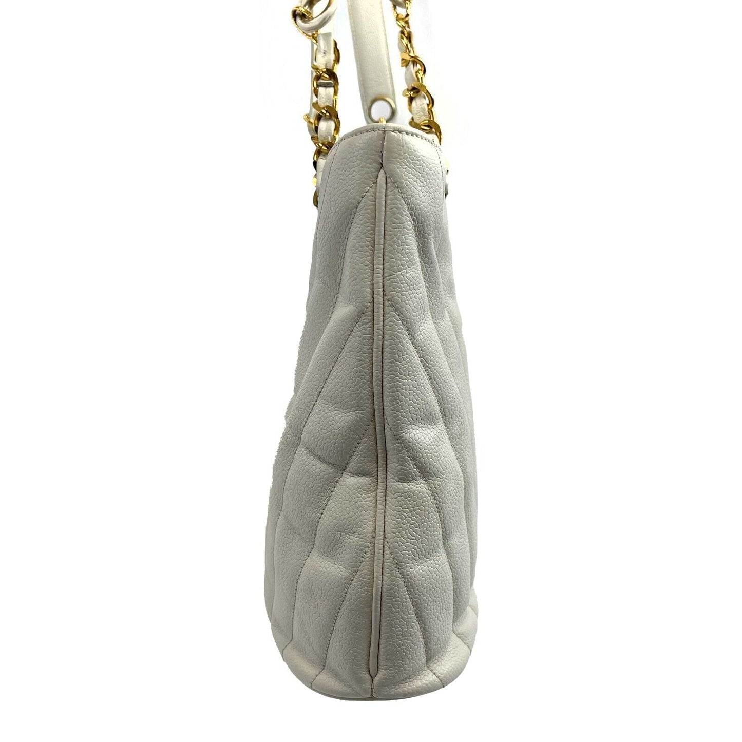 CHANEL -   1994 White Leather Small Chevron Tote / Shoulder Bag