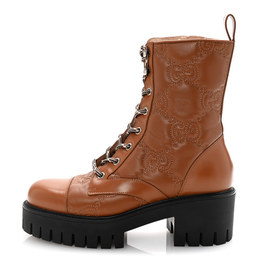 Amelia Cordovan Lux Nappa GG Matelasse Lace Up 60mm Combat Boots 37.5 Dark Hazel Brown