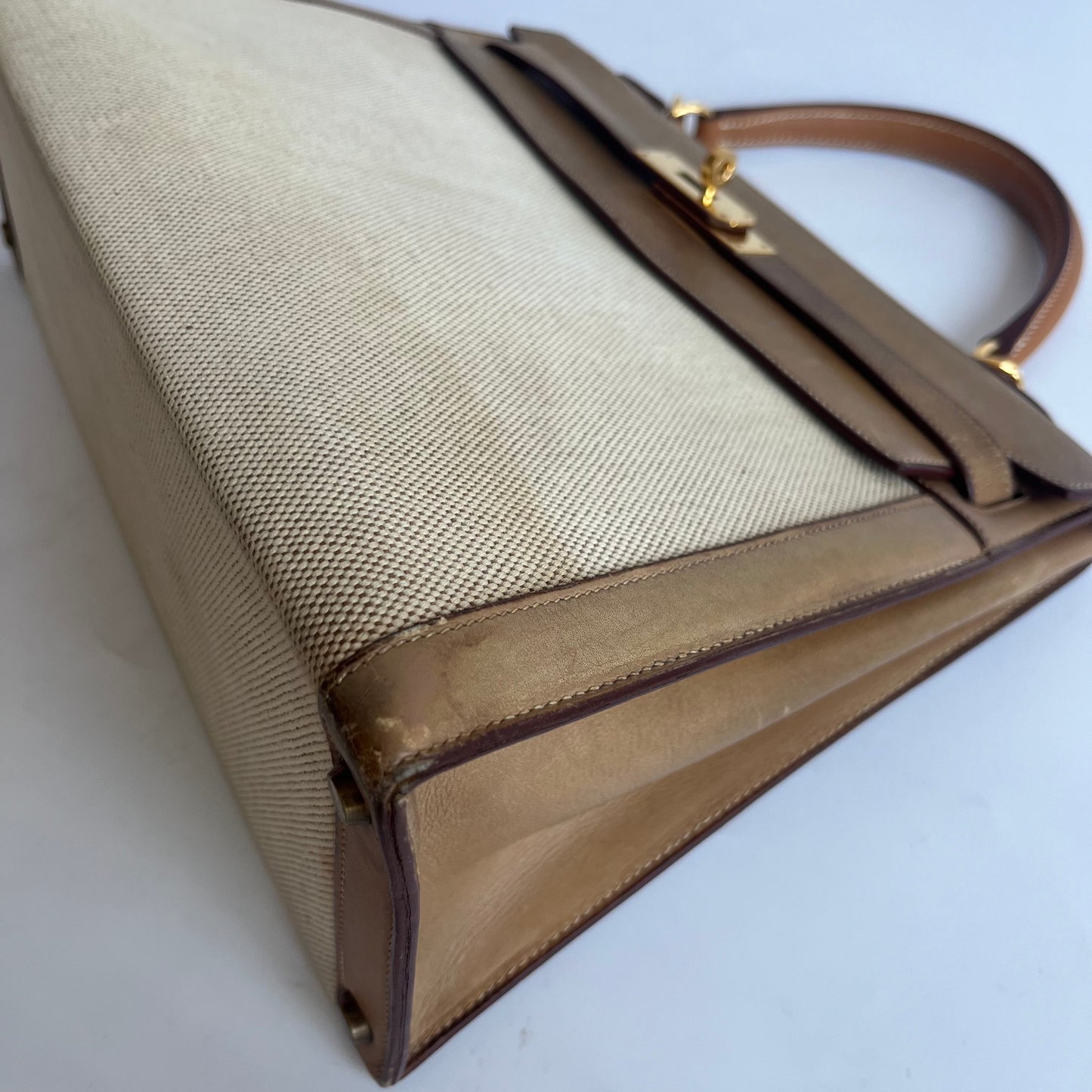 Hermes Kelly 32 Sellier   Natural Leather and Canvas Gold Hardware