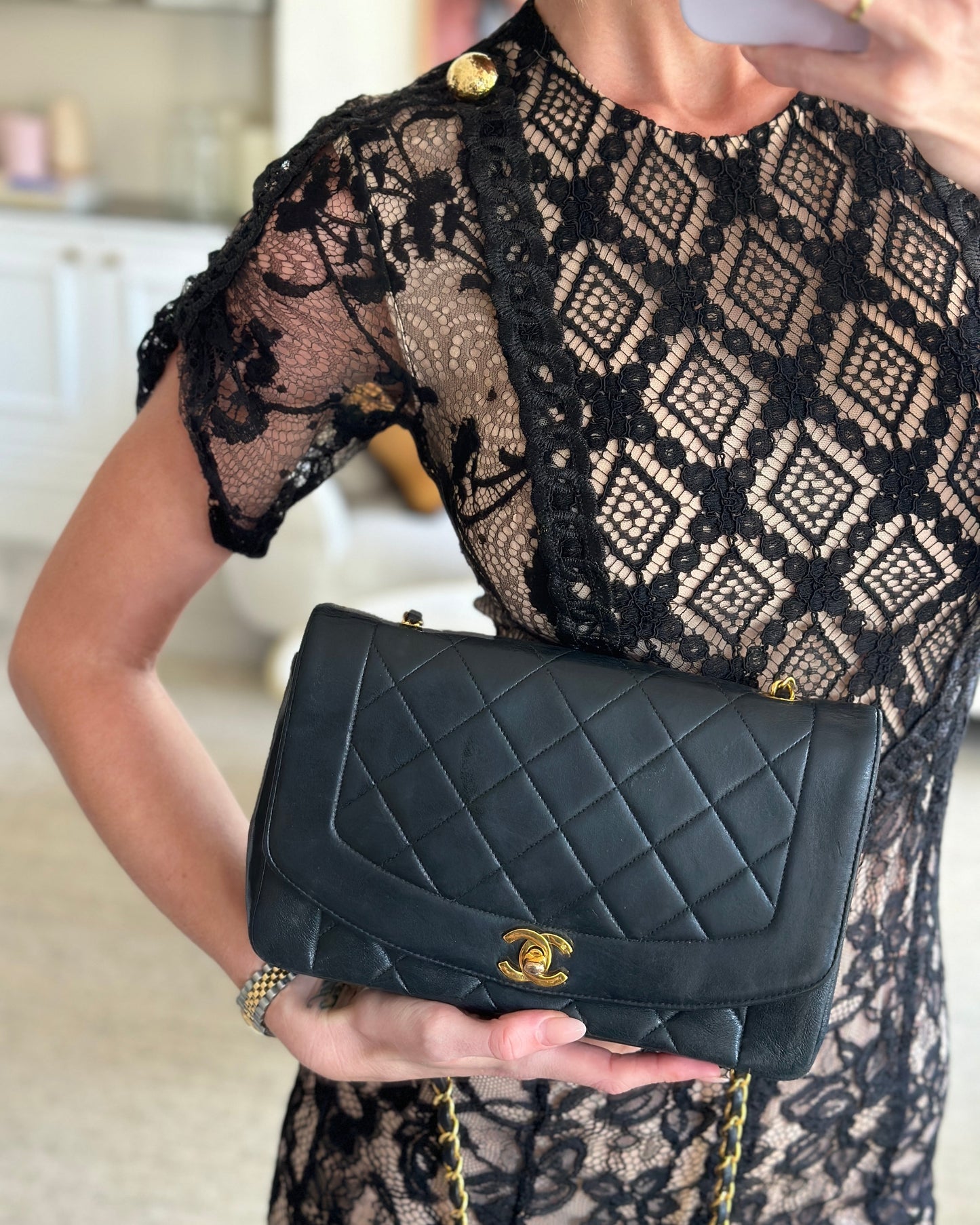 Chanel   Navy Diana Quilted Flap Bag in Lambskin Leather with 24K Gold Hardware