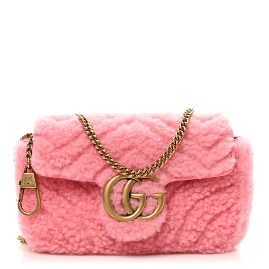 Amelia Shearling Matelasse Super Mini GG Marmont Shoulder Bag Lotus Pink