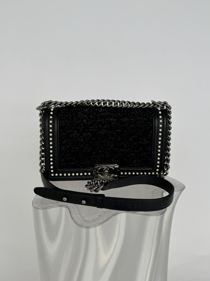 CHANEL Calfskin Pearl Tweed Medium Boy Flap Black - FULL SET