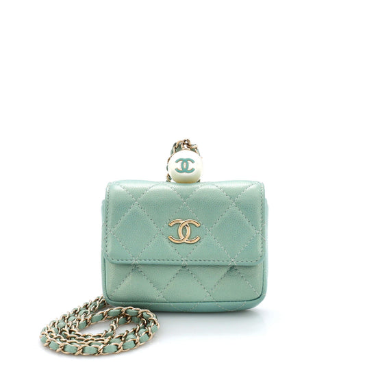 CHANEL CC Pearl Coin Card Holder with Chain Quilted Iridescent Caviar