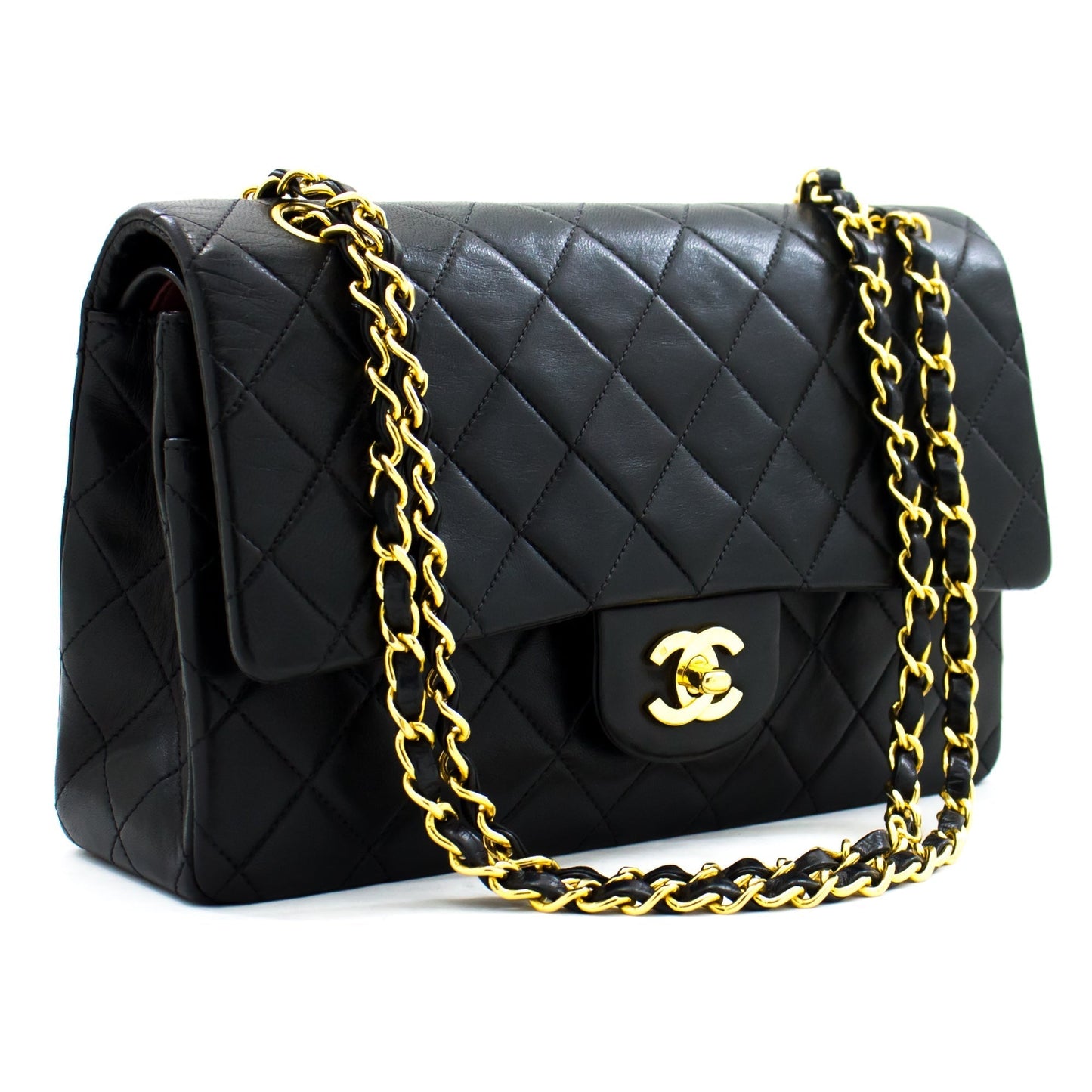 CHANEL 2.55 Double Flap Medium Chain Shoulder Bag Black Lambskin