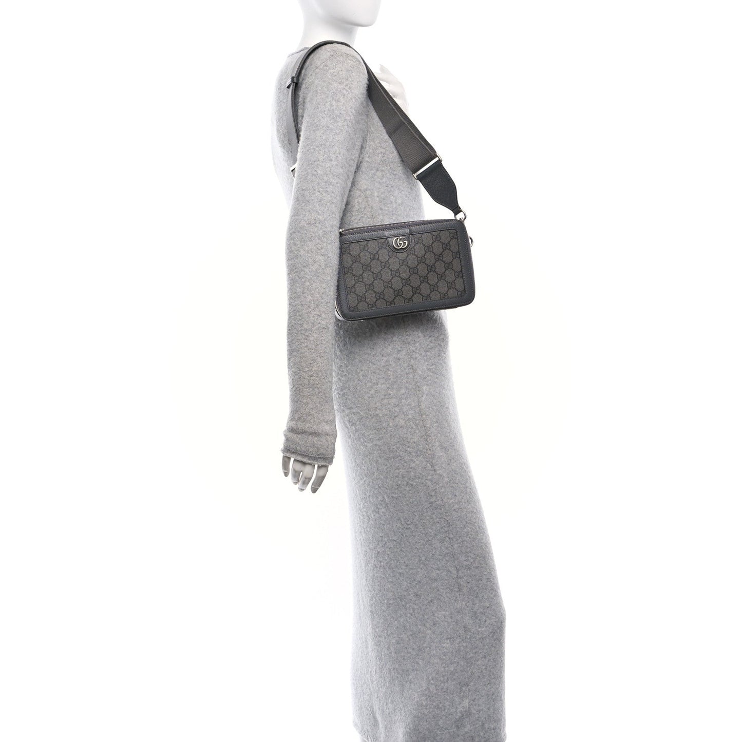 Amelia GG Supreme Monogram Textured Dollar Calfskin Small Ophidia Top Handle Shoulder Grey Black Graphite Grey