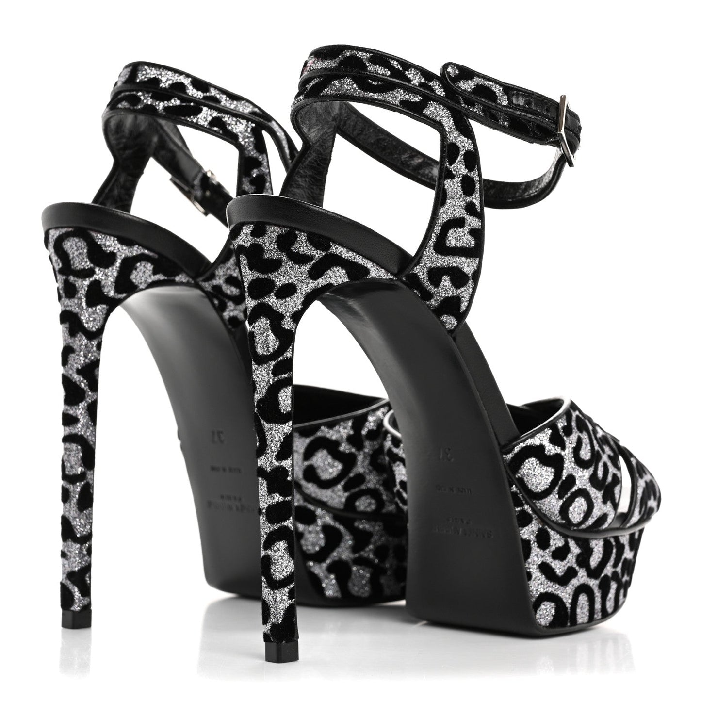 Saint Laurent Velvet Glitter Leopard Print Platform Sandals 37 Argento Black