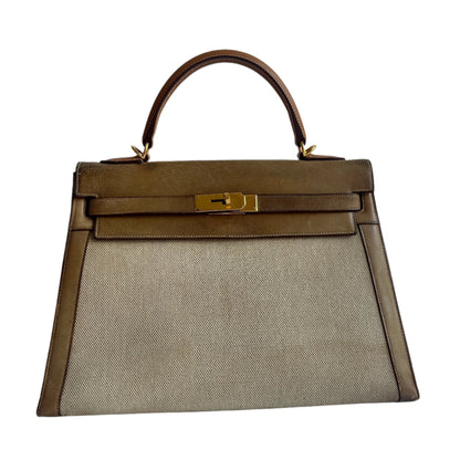 Hermes Kelly 32 Sellier   Natural Leather and Canvas Gold Hardware