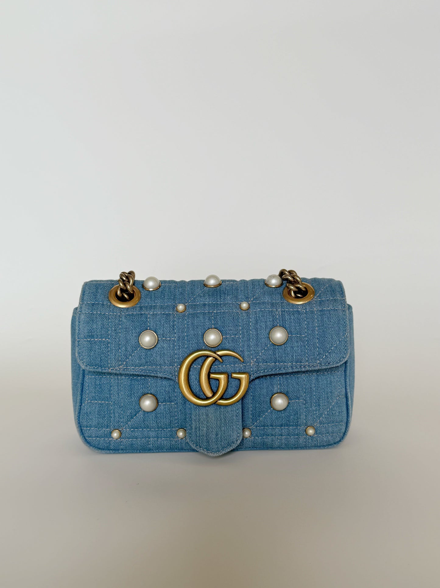 Gucci Denim Matelasse Pearl Studded GG Marmont Shoulder Bag Limited Edition