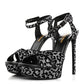 Saint Laurent Velvet Glitter Leopard Print Platform Sandals 37 Argento Black