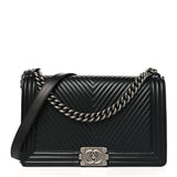 Amelia Calfskin Chevron Quilted New Medium Boy Black