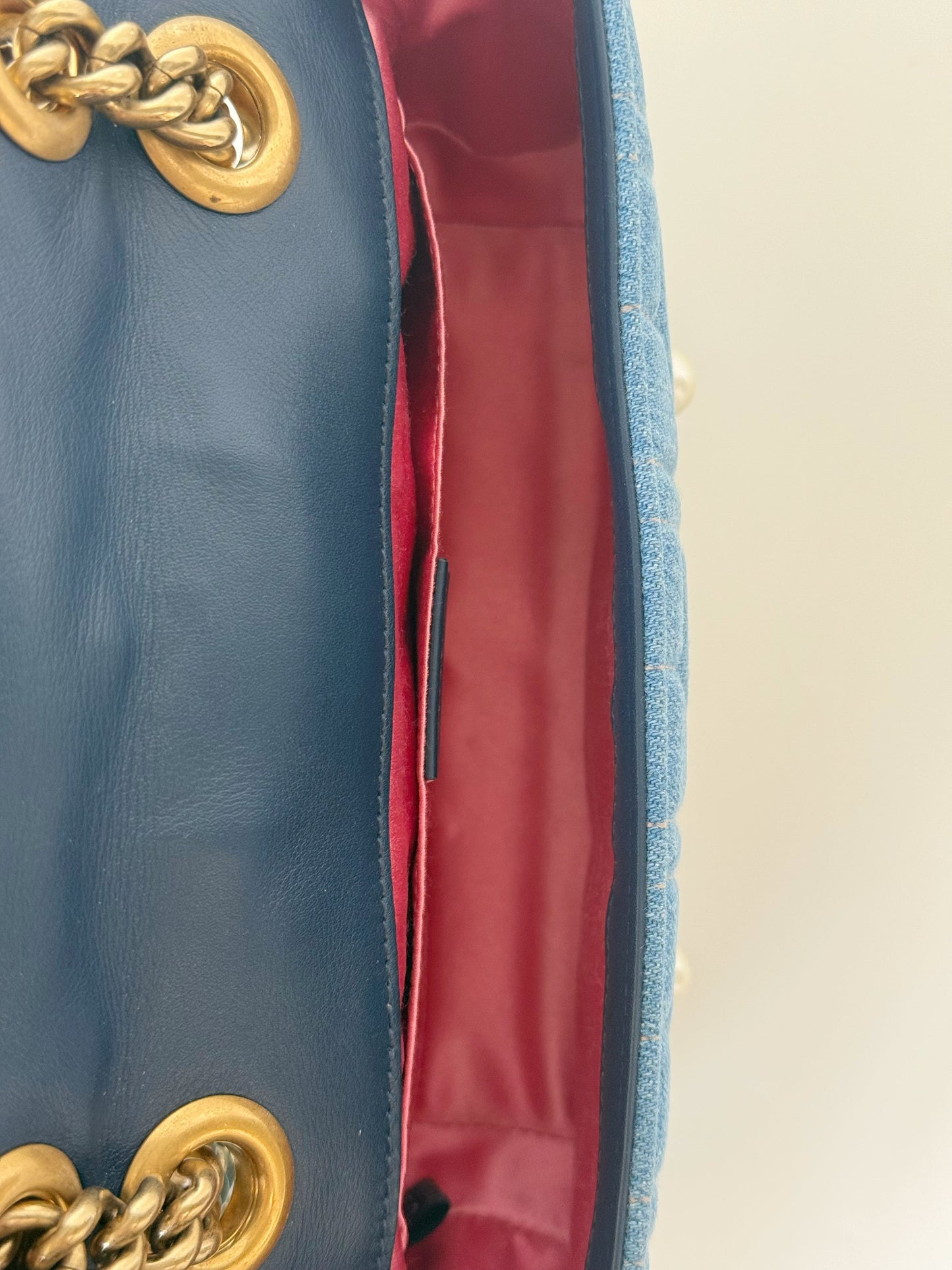 Gucci Denim Matelasse Pearl Studded GG Marmont Shoulder Bag Limited Edition