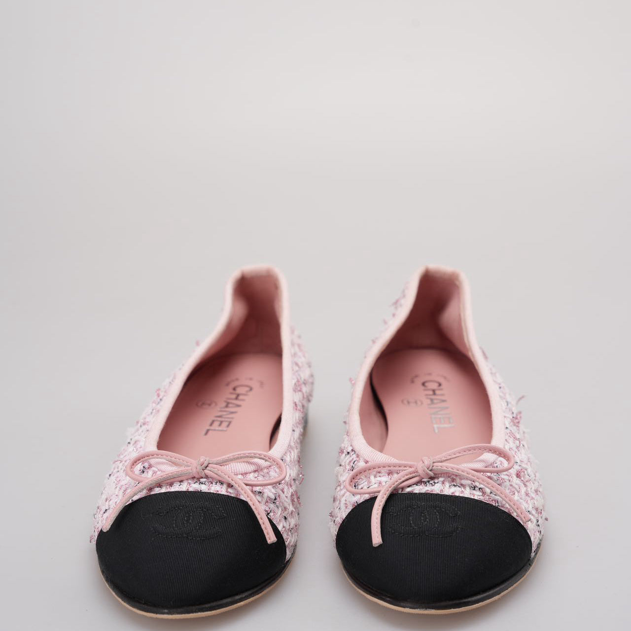 Chanel Pink Tweed Ballerina Flats with Black Cap Toe Size 37.5