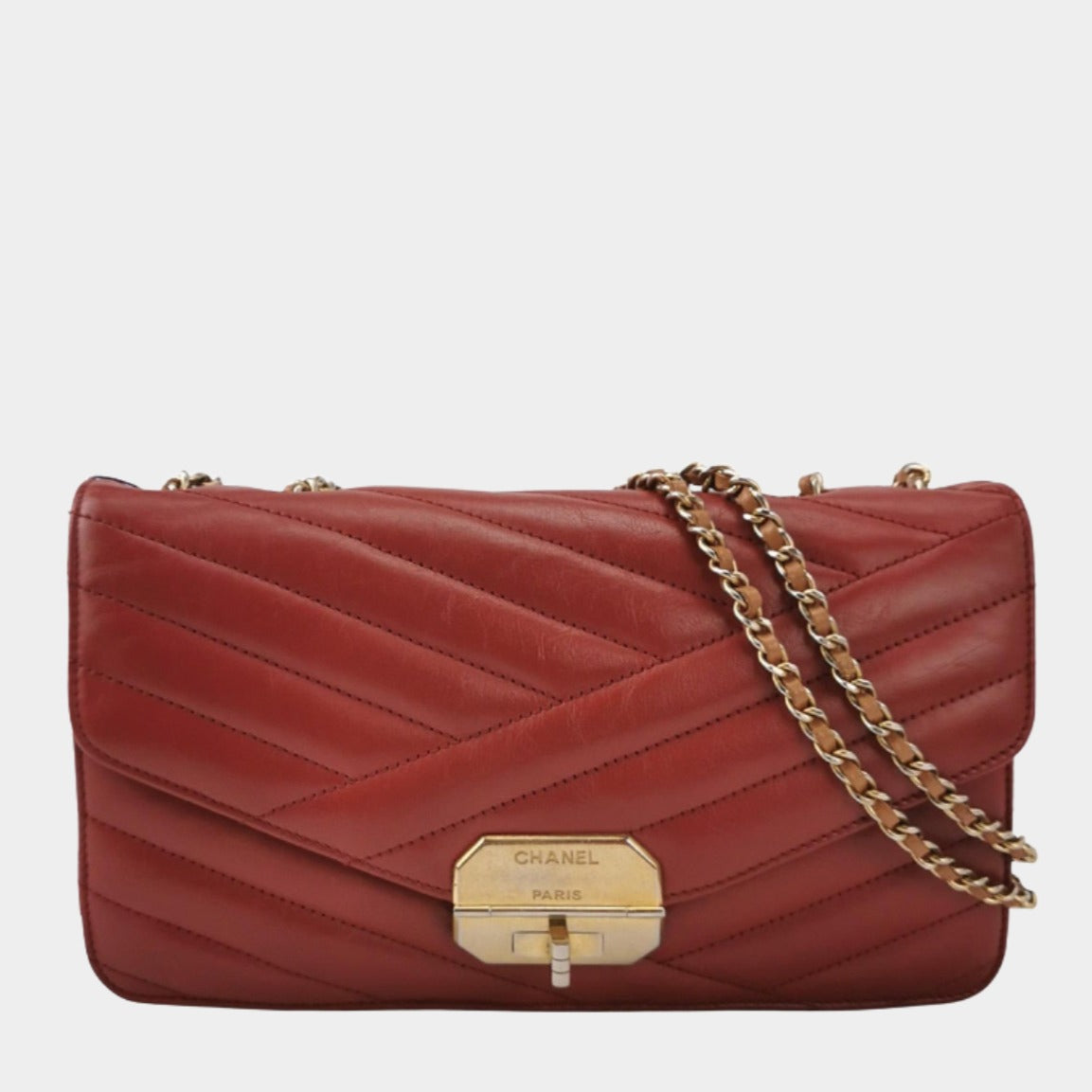Chanel Gabrielle Flap Bag 2011-2012 Chevron Leather Medium Red Shoulder Bag