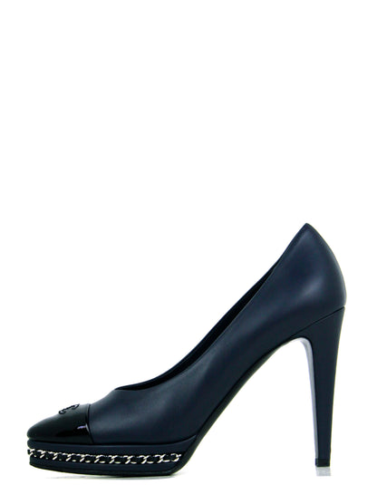 Chanel Calfskin Navy Patent CC Cap Toe Platform Chain Pumps sz 39.5