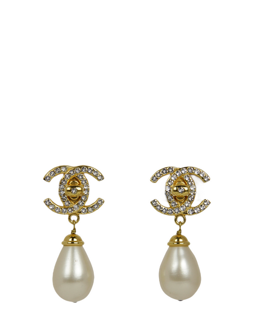 Chanel   Crystal CC & Pearl Hanging Clip Earrings
