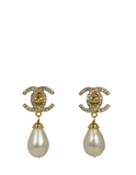 Chanel   Crystal CC & Pearl Hanging Clip Earrings