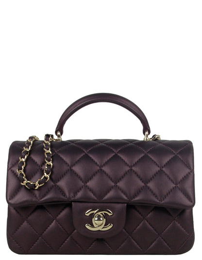 Chanel 2022 Iridescent Burgundy Lambskin Quilted Mini Top Handle Rectangular Flap Bag
