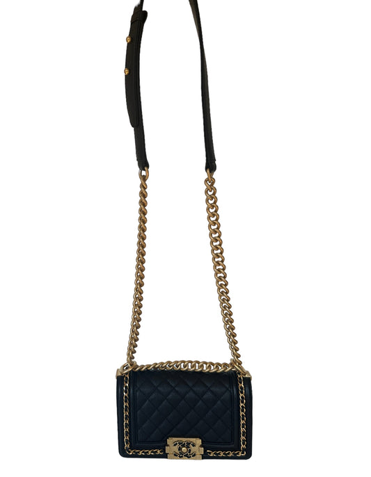 Chanel Black Caviar Leather Small Quilted Chain Around Boy Bag