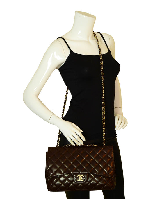 Chanel Brown Lambskin Quilted Single Flap Jumbo Classic Bag