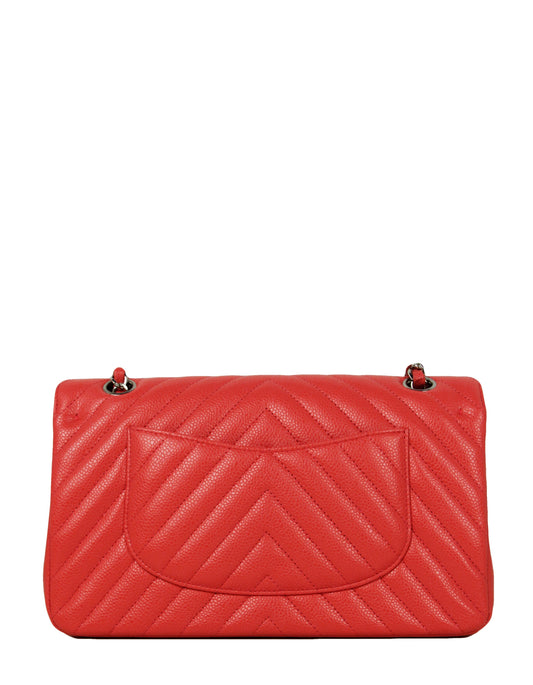Chanel Coral Caviar Leather Chevron 10" Medium Double Flap Classic Bag