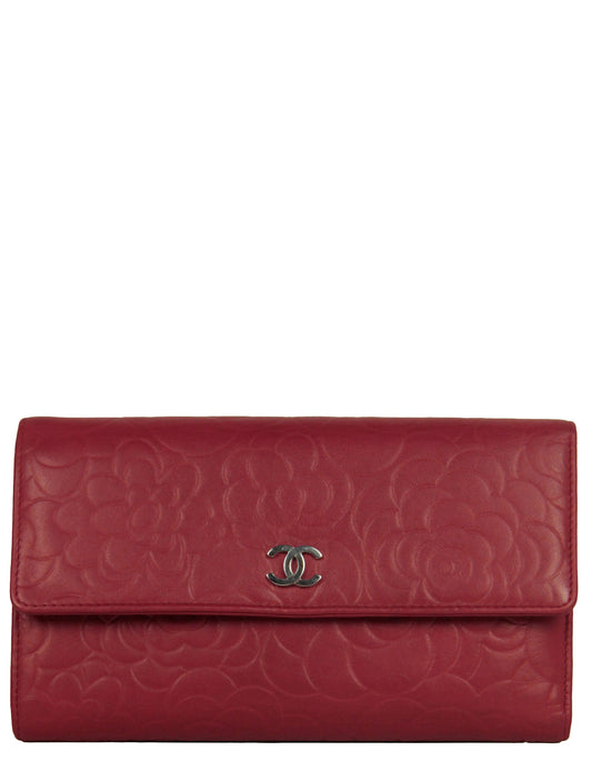 Chanel Red Leather Camelia Embossed Wallet