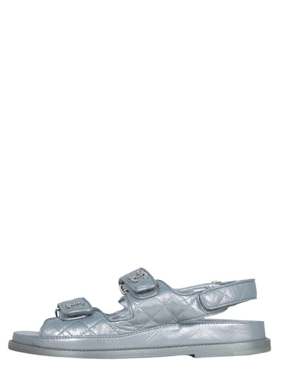 Chanel Silver Quilted Leather Velcro Dad Sandals sz 38