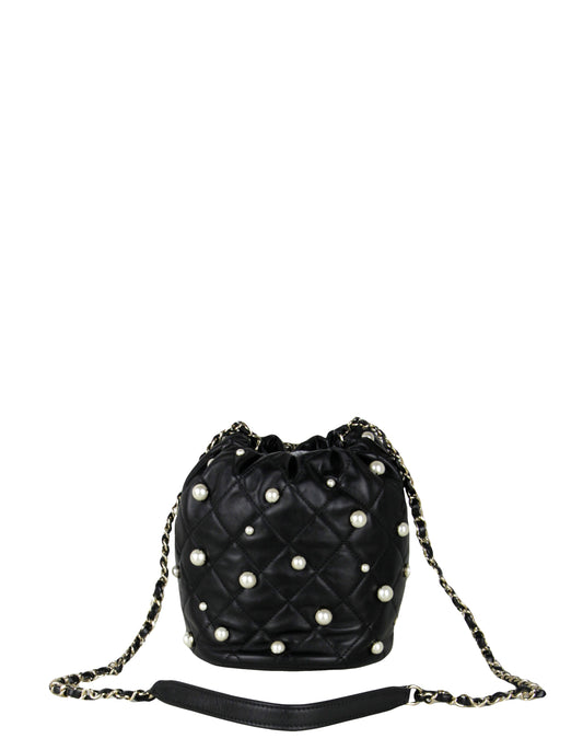 Chanel Black Leather Pearl Bucket Bag