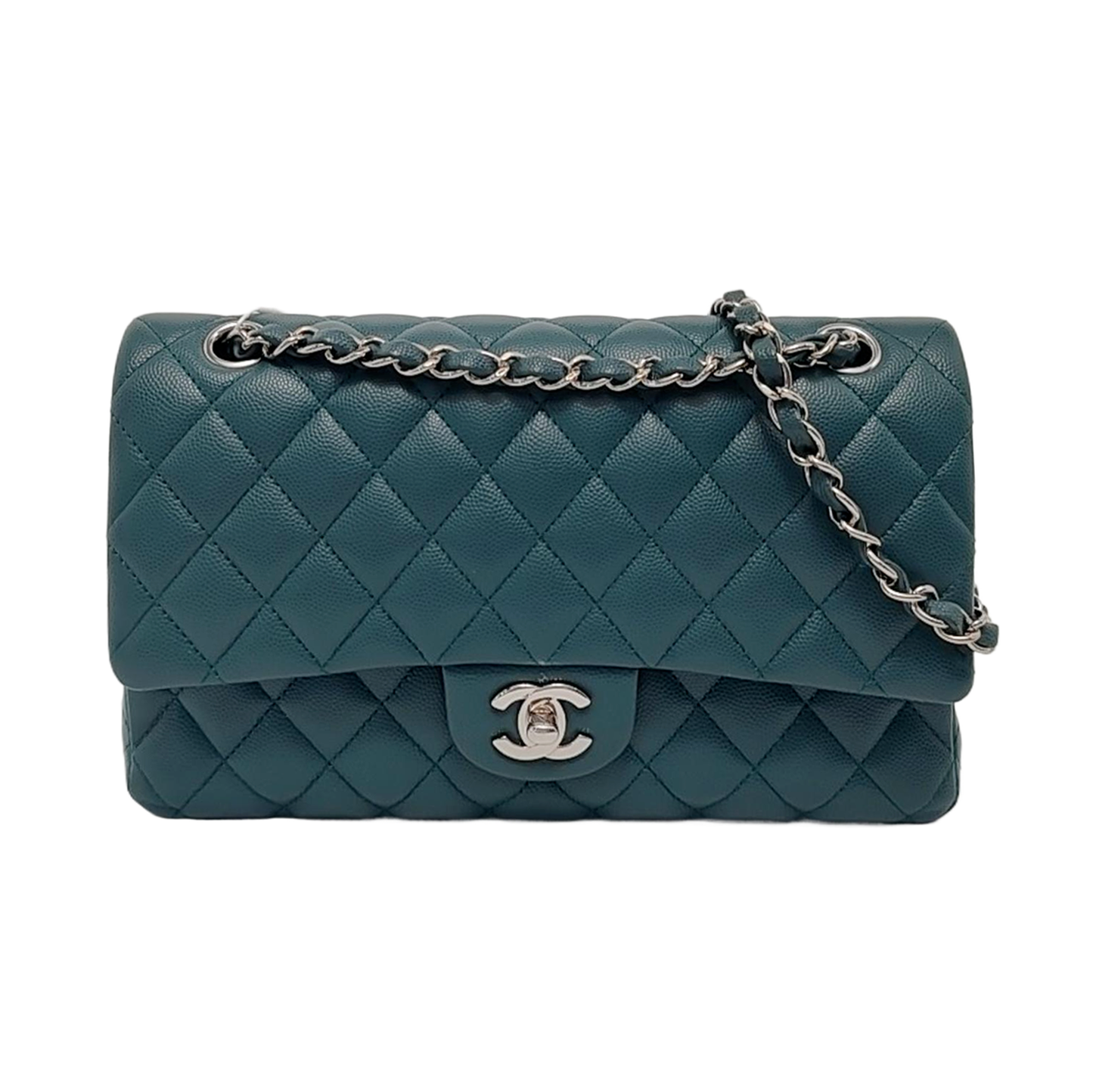 Chanel Classic Flap Medium Teal Green Caviar Leather with Silver Hardware