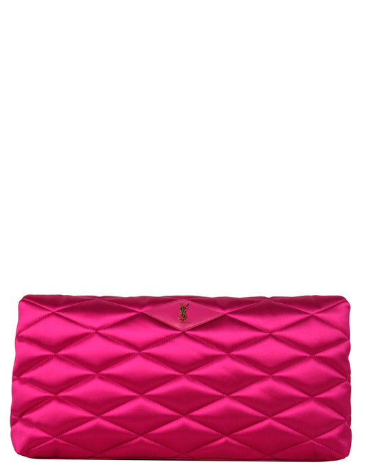 Saint Laurent Lipstick Fuchsia Pink Satin Quilted Large Sade Clutch Bag.