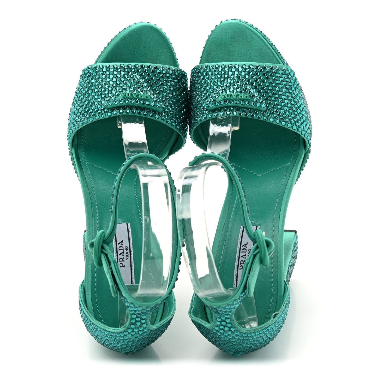 Prada Satin Crystal Triangle Logo 40/135mm Platform Sandals 38 Mango