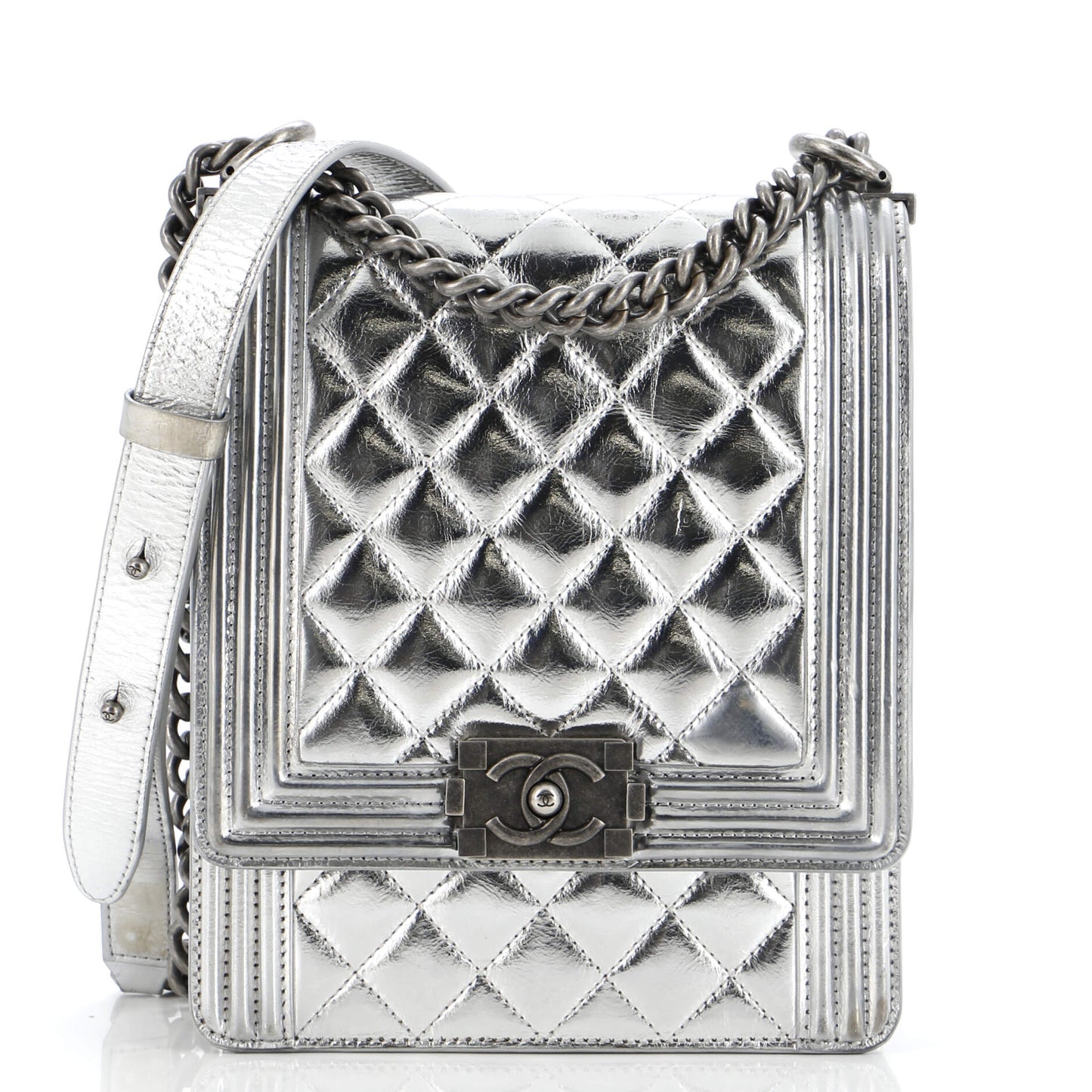 CHANEL North South Boy Flap Bag Quilted Metallic Calfskin Small