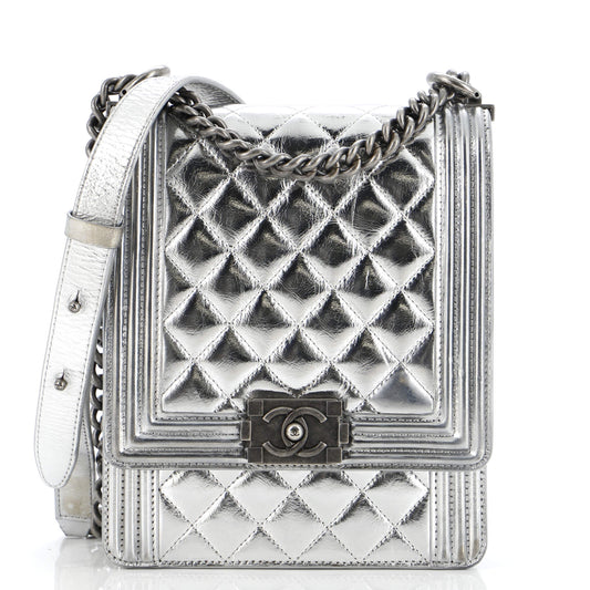 CHANEL North South Boy Flap Bag Quilted Metallic Calfskin Small