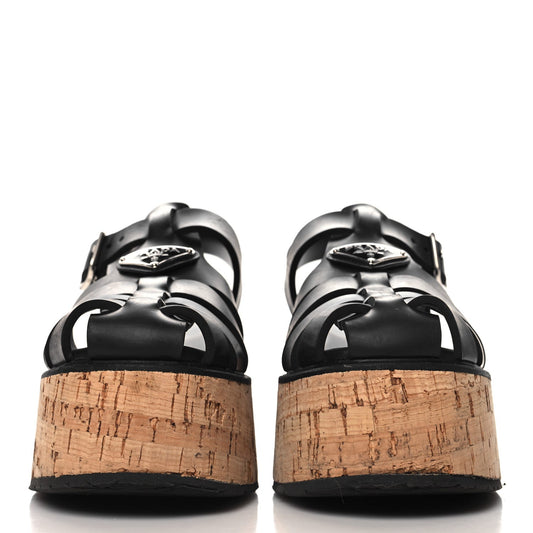 Prada Rubber Soft Cork Triangle Fisherman 75mm Platform Sandals 37 Black