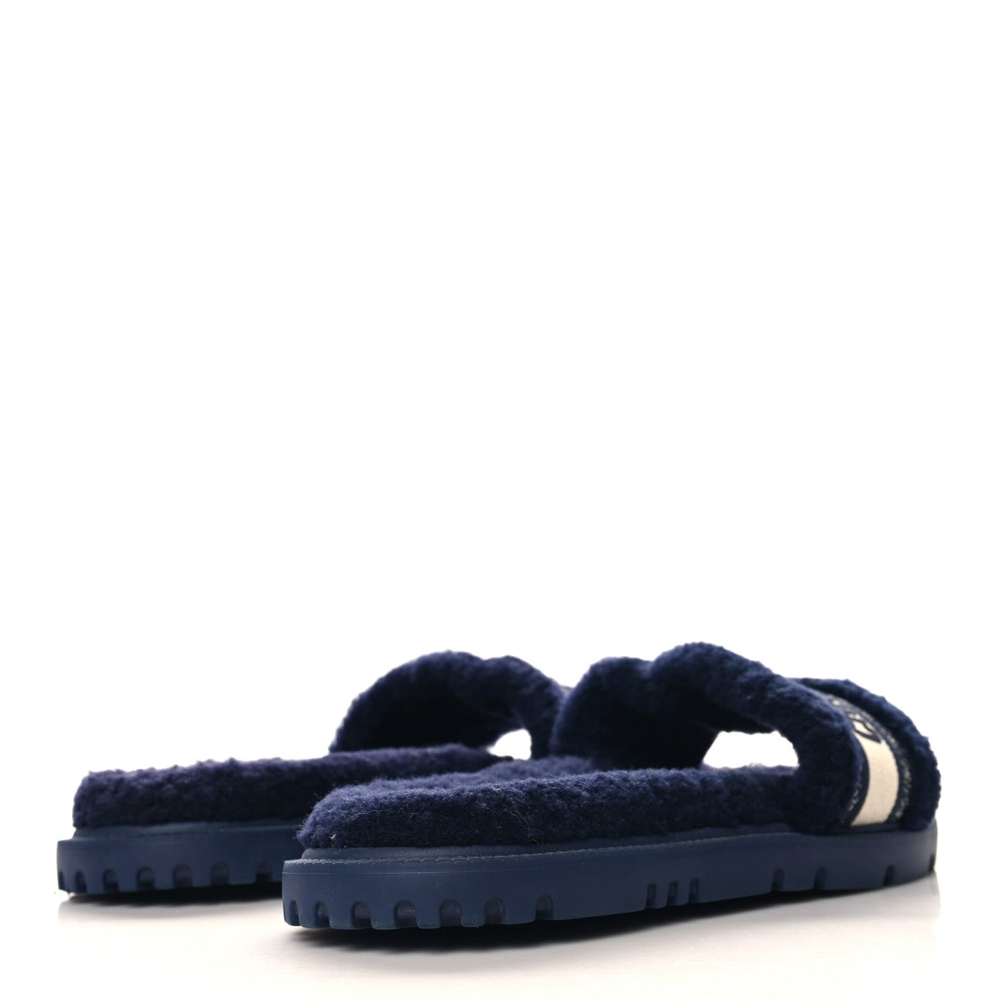 Christian Dior Shearling Canvas Lurex Embroidered Dway 10mm Slide Sandals 41 Navy Natural