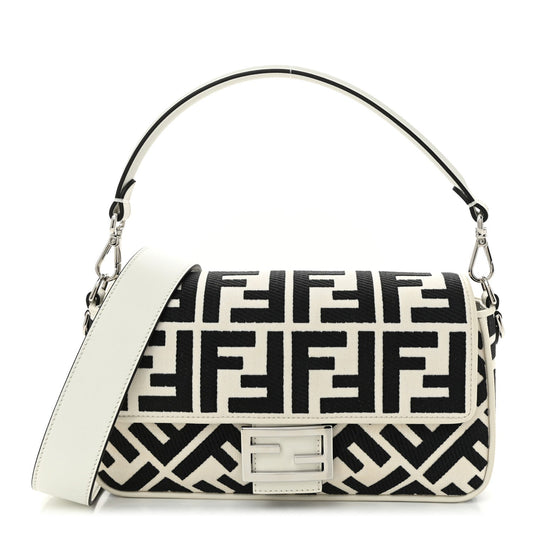 Amelia Canvas Vitello King FF Embroidered Baguette White Black