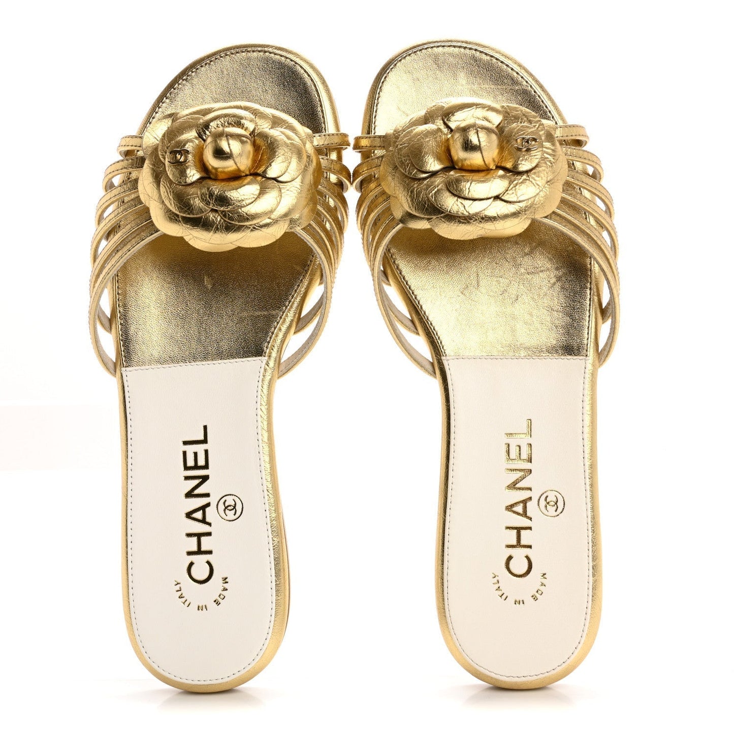 Amelia Laminated Lambskin Camellia CC Slide Sandals 36 Golden