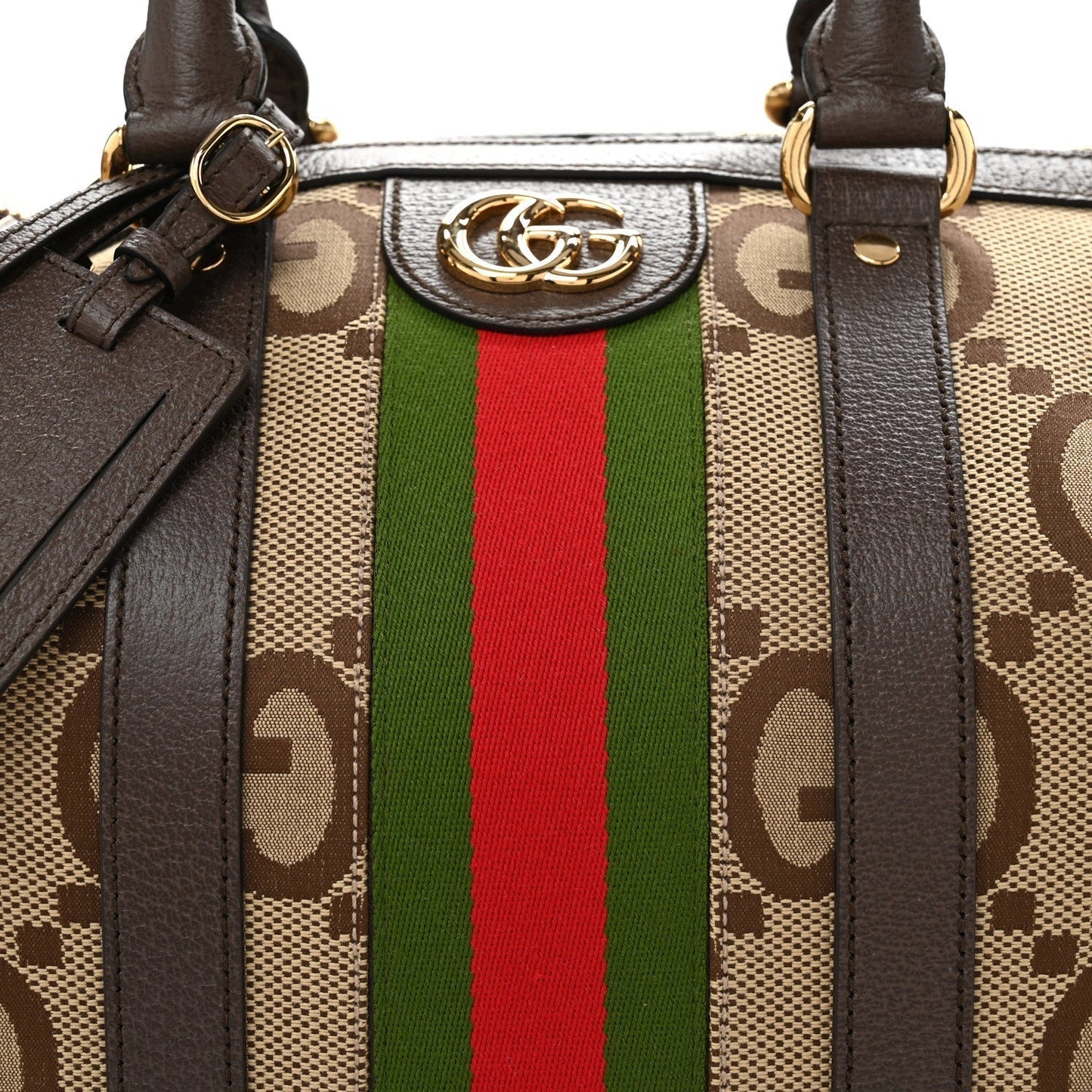 Amelia Monogram Jumbo GG Textured Dollar Calfskin Web Medium Duffle Bag Camel Ebony