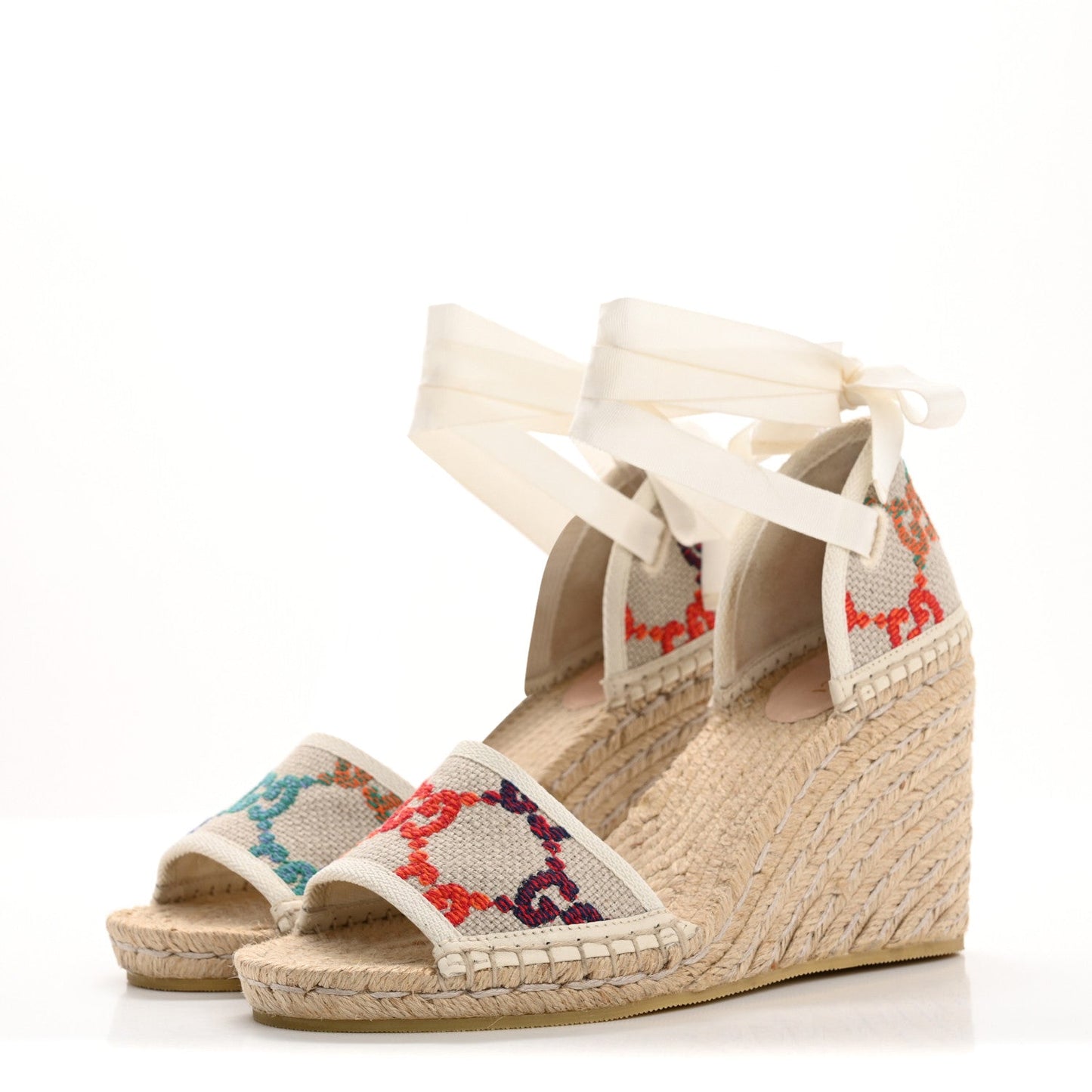 Amelia Linen Psychedelic Mini GG Monogram Ankle Wrap Platform Espadrille Wedge Sandals 39 Multicolor Mystic White