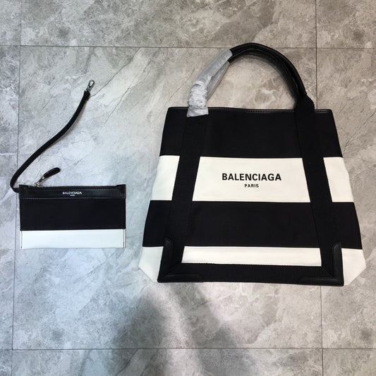BLN-Ciaga Navy Medium Cabas Tote Bag In Black And White, For Women,  Bags 14.1in/36cm